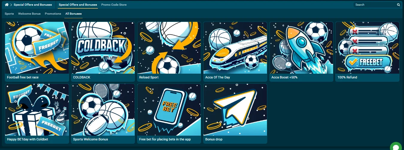 Coldbet Special Offers and Bonuses page showing Football free bet race, Coldback, Reload Sport, Acca of the Day, Acca Boost and 100% Refund