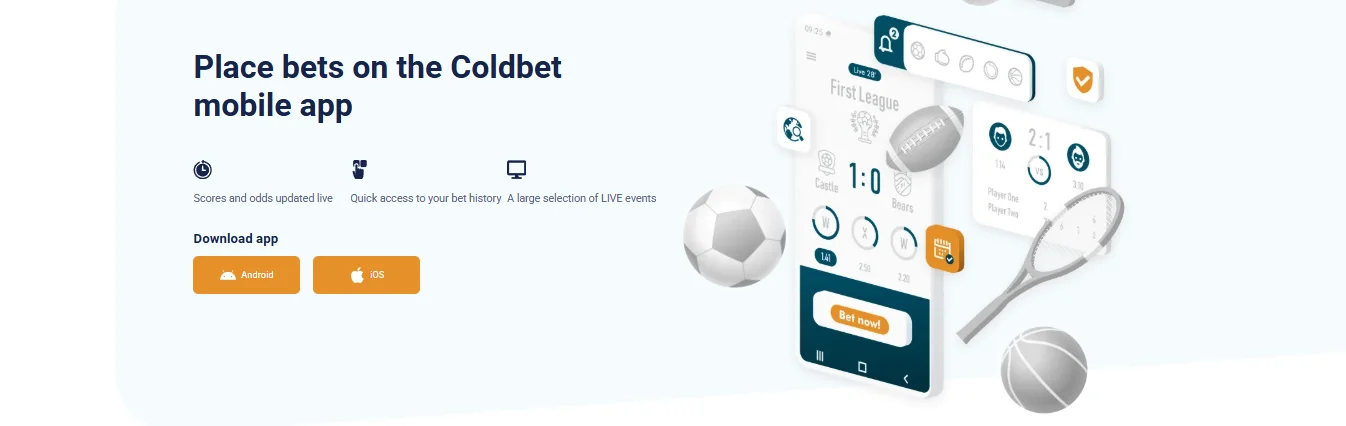 Coldbet mobile app download page showing Android and iOS download buttons alongside a live score preview of Castle vs Bears with odds for over/under and outright winner