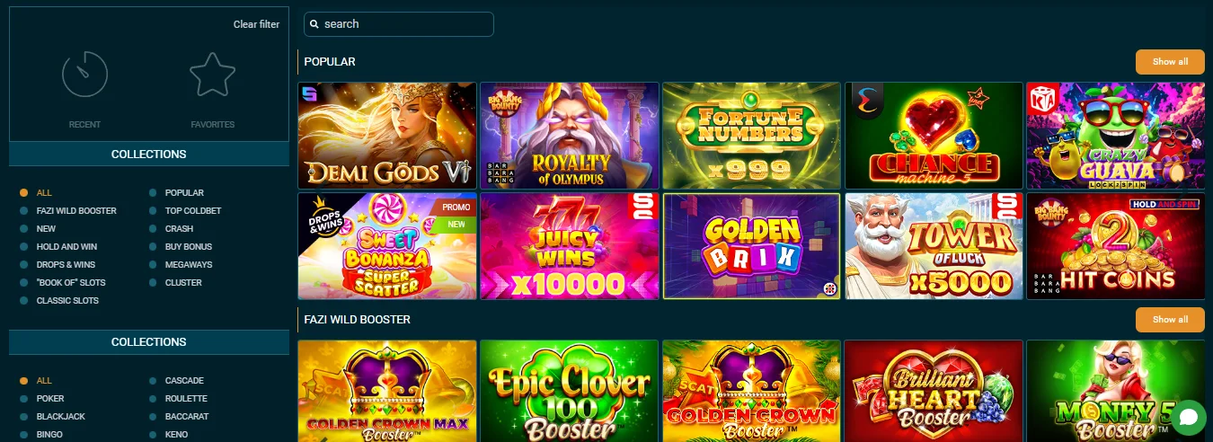 Coldbet casino lobby showing popular slots including Demi Gods VI, Royalty of Olympus, Fortune Numbers and Sweet Bonanza