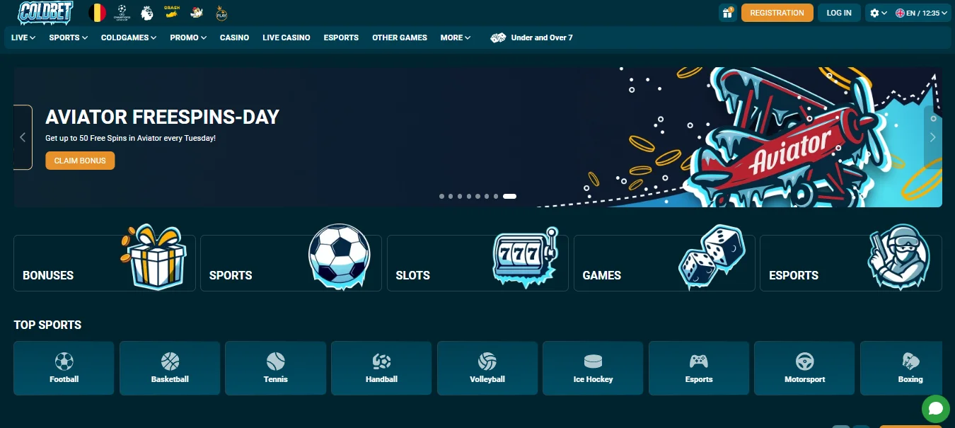 Coldbet homepage featuring the Aviator free spins banner and quick access to bonuses, sports, slots, games and esports