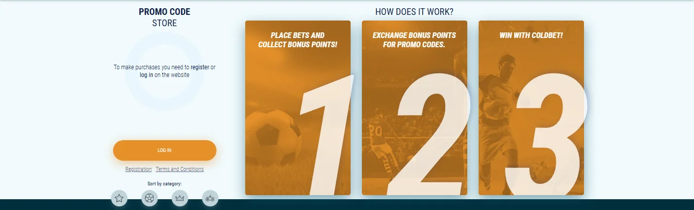 Coldbet Promo Code Store showing how to place bets, collect bonus points and exchange for promo codes