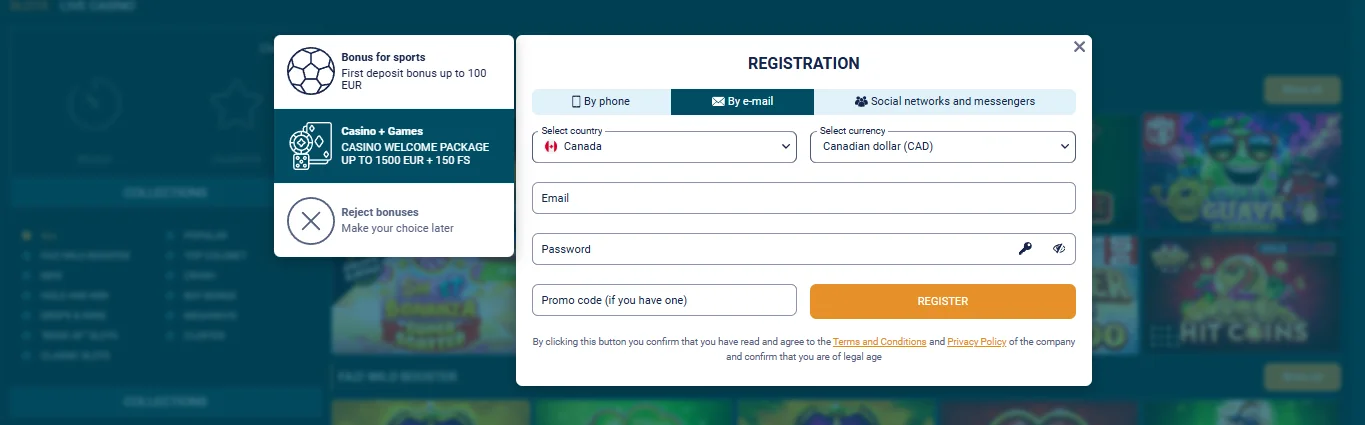 Coldbet registration modal with bonus selection column, Canada country preset, CAD currency and email plus promo code fields
